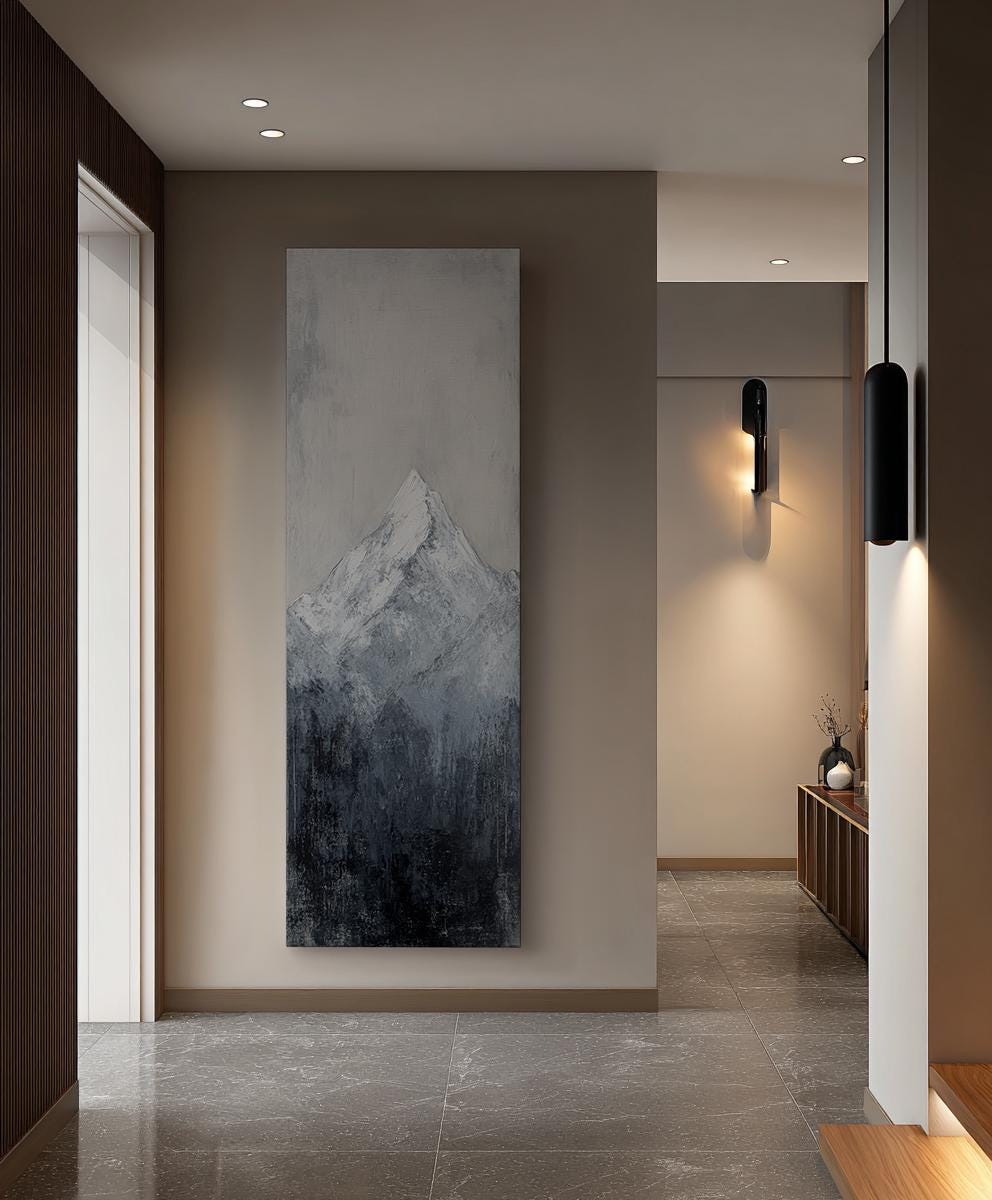 Serene Mountain Peak Canvas Art | Impasto Textured Print | Minimalist Wall Art For Living Room Long Vertical Art