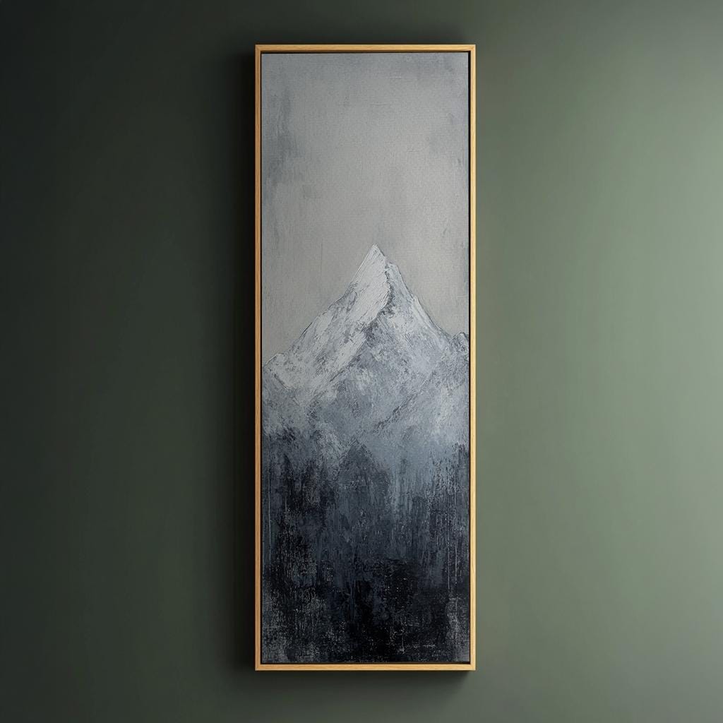 Serene Mountain Peak Canvas Art | Impasto Textured Print | Minimalist Wall Art For Living Room Long Vertical Art
