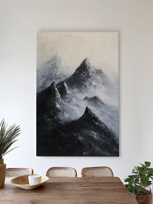 Serene Mountain Peak Canvas Art | Impasto Palette Knife Print | Juxtaposition Wall Art For Living Room Vertical Canvas