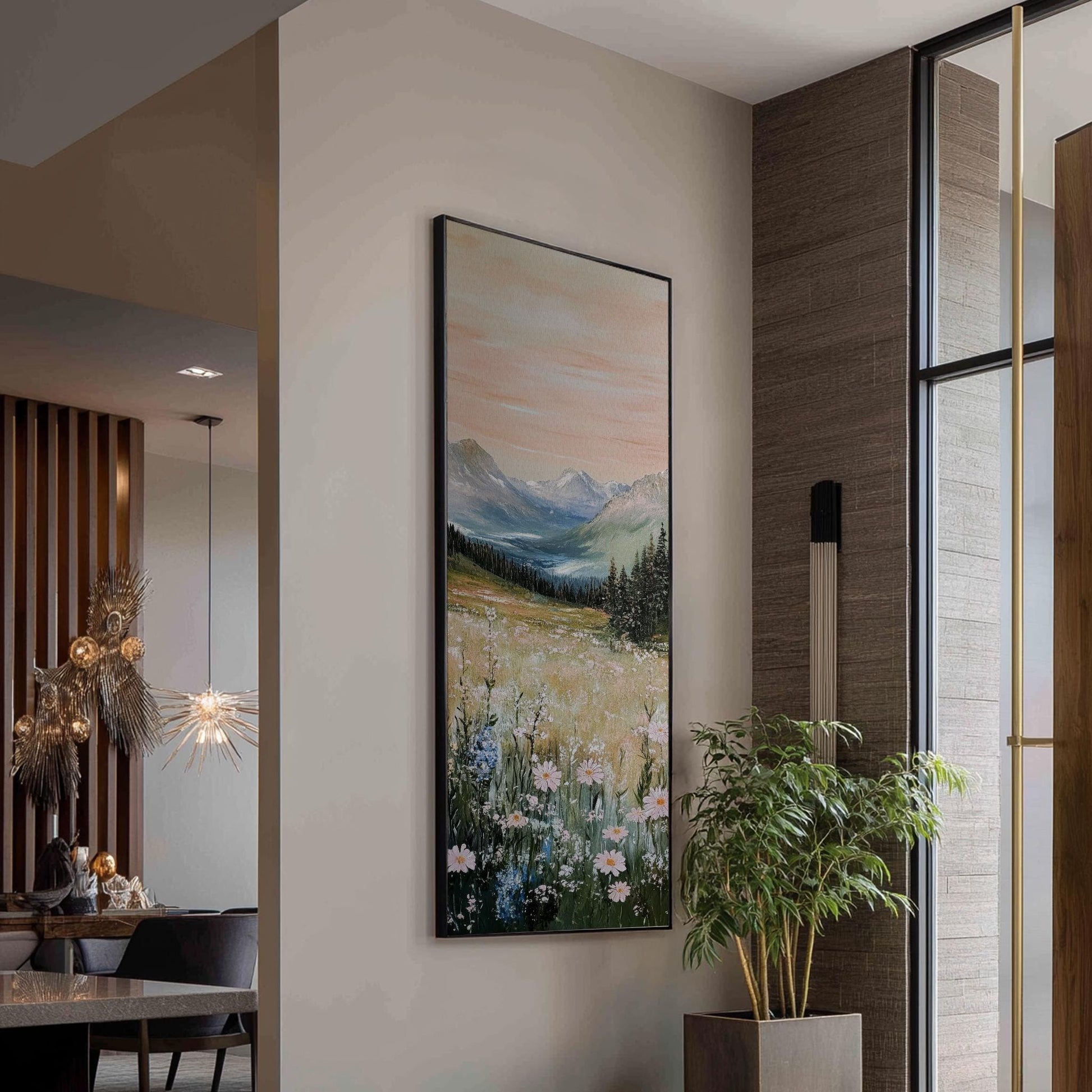 Serene Mountain Meadow Canvas Art | Impasto Impressionism Print | Biophilic Wall Art For Living Room Long Vertical Art