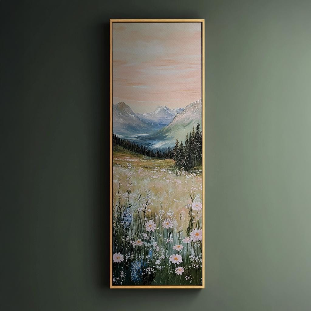 Serene Mountain Meadow Canvas Art | Impasto Impressionism Print | Biophilic Wall Art For Living Room Long Vertical Art
