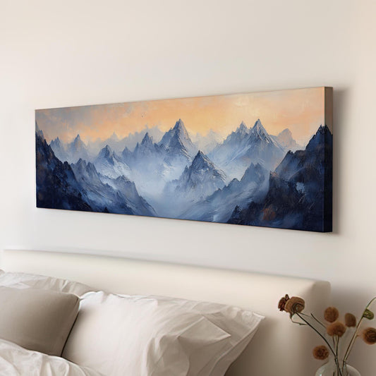 Serene Mountain Majesty Canvas Art | Impasto Impressionism Print | Japandi Wall Art For Living Room Panoramic Wall Art