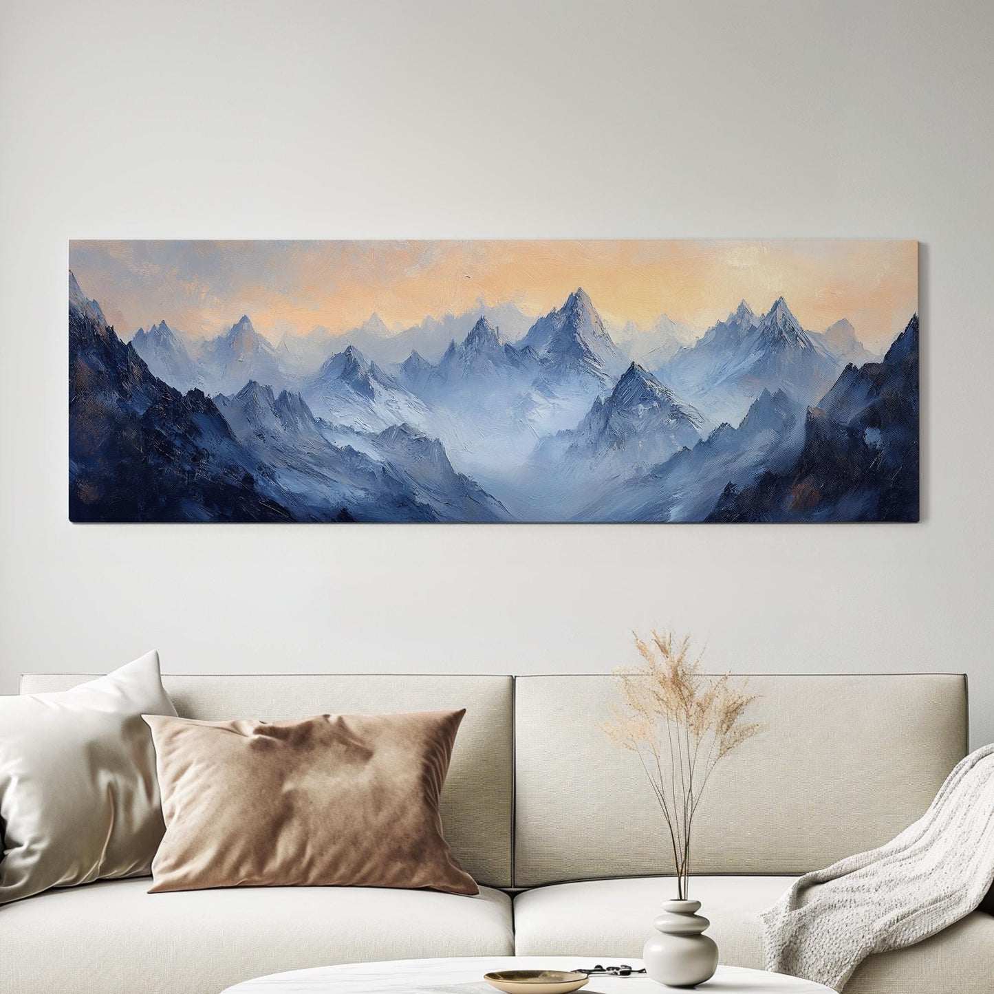 Serene Mountain Majesty Canvas Art | Impasto Impressionism Print | Japandi Wall Art For Living Room Panoramic Wall Art