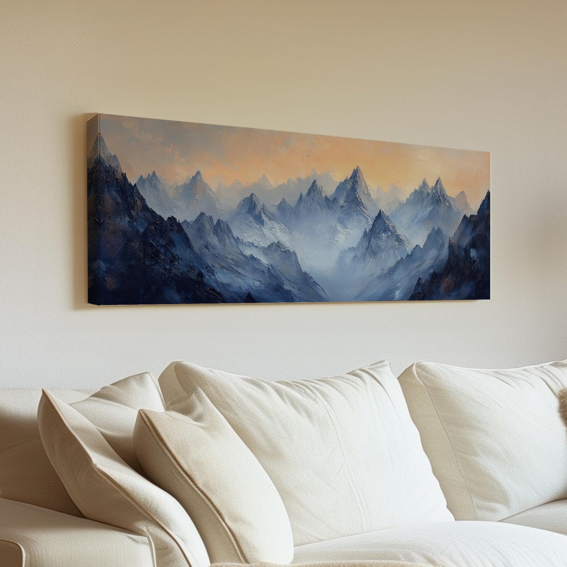 Serene Mountain Majesty Canvas Art | Impasto Impressionism Print | Japandi Wall Art For Living Room Panoramic Wall Art