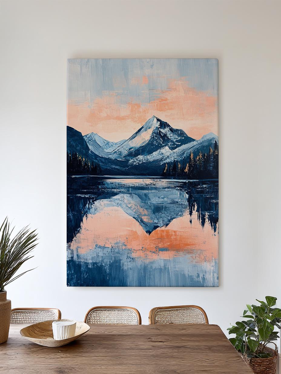 Serene Mountain Lake Canvas Art | Impasto Print | Tranquil Modern Wall Art For Living Room | Blush Pink Naval Art Vertical Canvas
