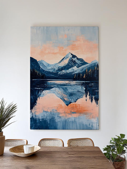 Serene Mountain Lake Canvas Art | Impasto Print | Tranquil Modern Wall Art For Living Room | Blush Pink Naval Art Vertical Canvas