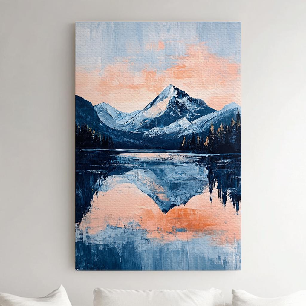 Serene Mountain Lake Canvas Art | Impasto Print | Tranquil Modern Wall Art For Living Room | Blush Pink Naval Art Vertical Canvas