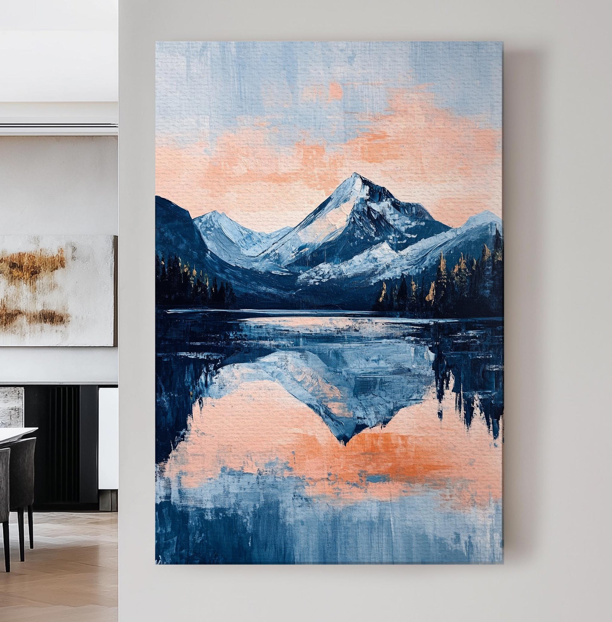 Serene Mountain Lake Canvas Art | Impasto Print | Tranquil Modern Wall Art For Living Room | Blush Pink Naval Art Vertical Canvas