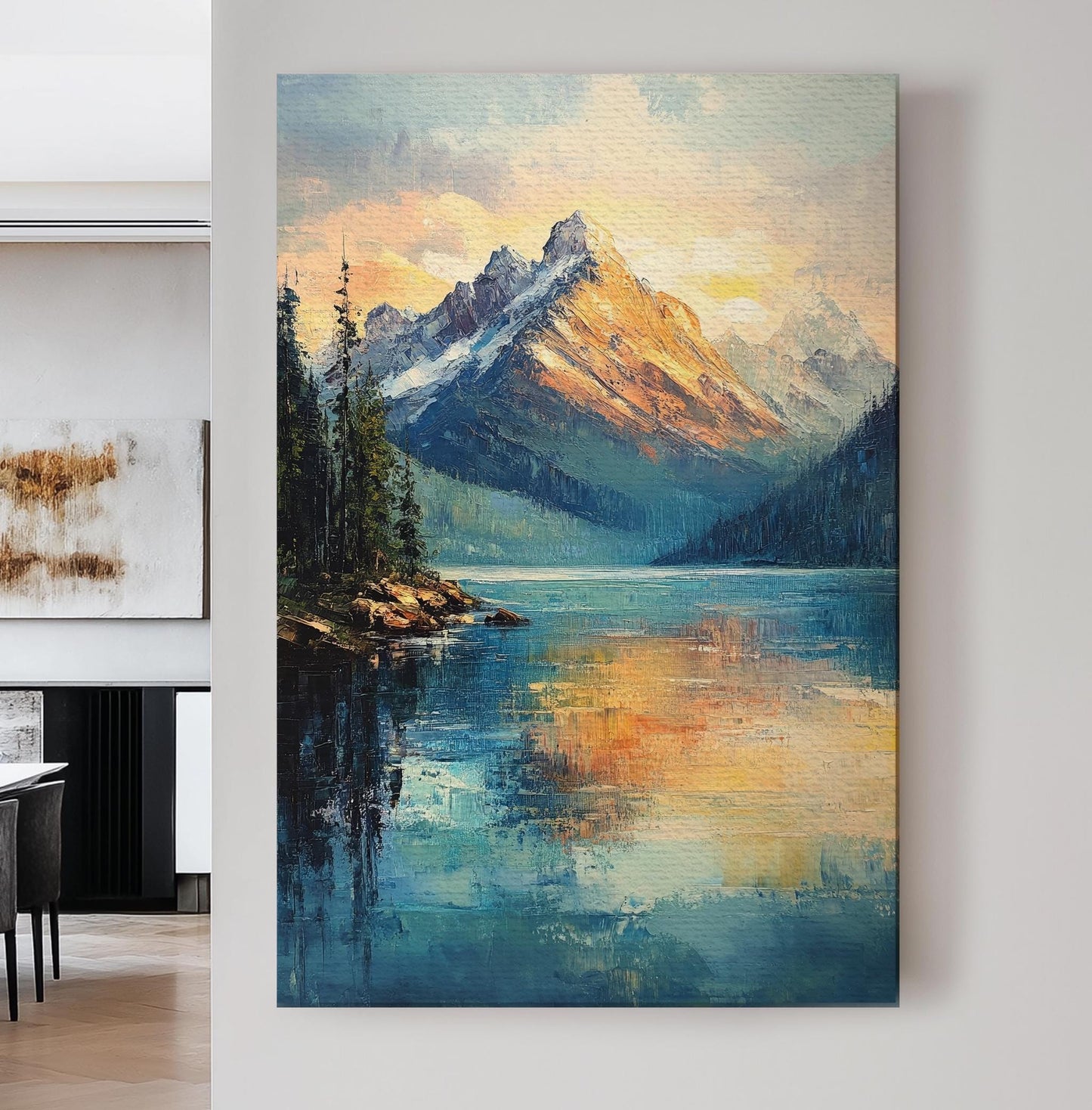 Serene Mountain Lake Canvas Art | Impasto Palette Knife Print | Tranquil Maximalist Wall Art For Living Room Vertical Canvas