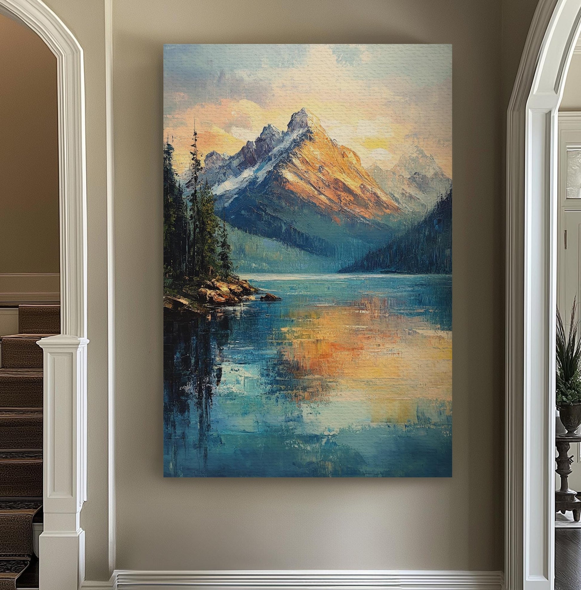 Serene Mountain Lake Canvas Art | Impasto Palette Knife Print | Tranquil Maximalist Wall Art For Living Room Vertical Canvas
