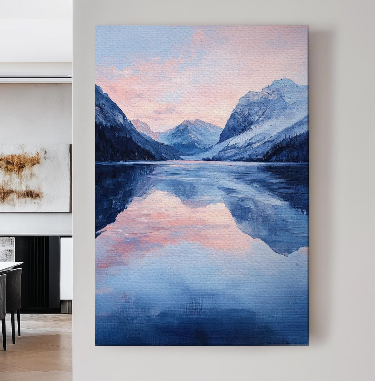Serene Mountain Lake Canvas Art | Impasto Impressionism Print | Tranquil Minimalist Wall Art For Living Room Vertical Canvas