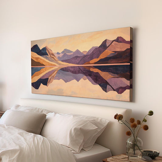 Serene Mountain Lake Canvas Art | Geometric Abstract Print | Minimalist Wall Art For Living Room Horizontal Art