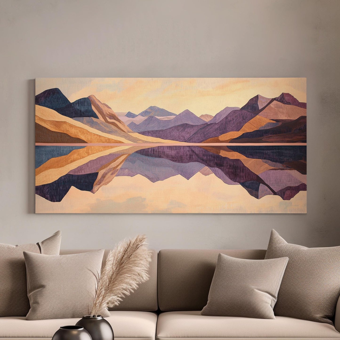 Serene Mountain Lake Canvas Art | Geometric Abstract Print | Minimalist Wall Art For Living Room Horizontal Art