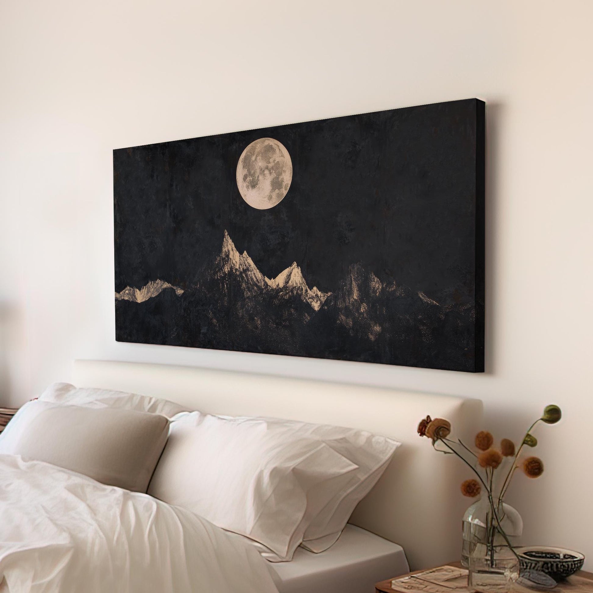 Serene Moonlit Peaks Canvas Art | Scratchboard Print | Bohemian Wall Art For Living Room | Charcoal Champagne Art | Zen Decor Horizontal Art
