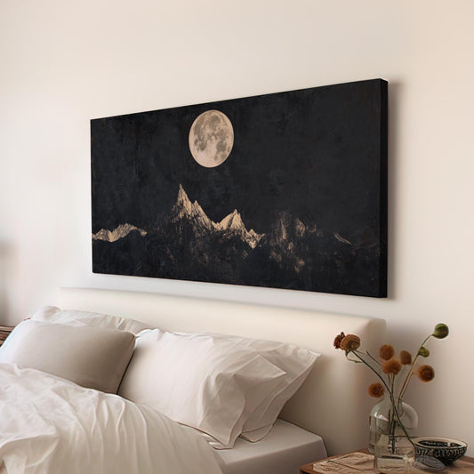 Serene Moonlit Peaks Canvas Art | Scratchboard Print | Bohemian Wall Art For Living Room | Charcoal Champagne Art | Zen Decor Horizontal Art