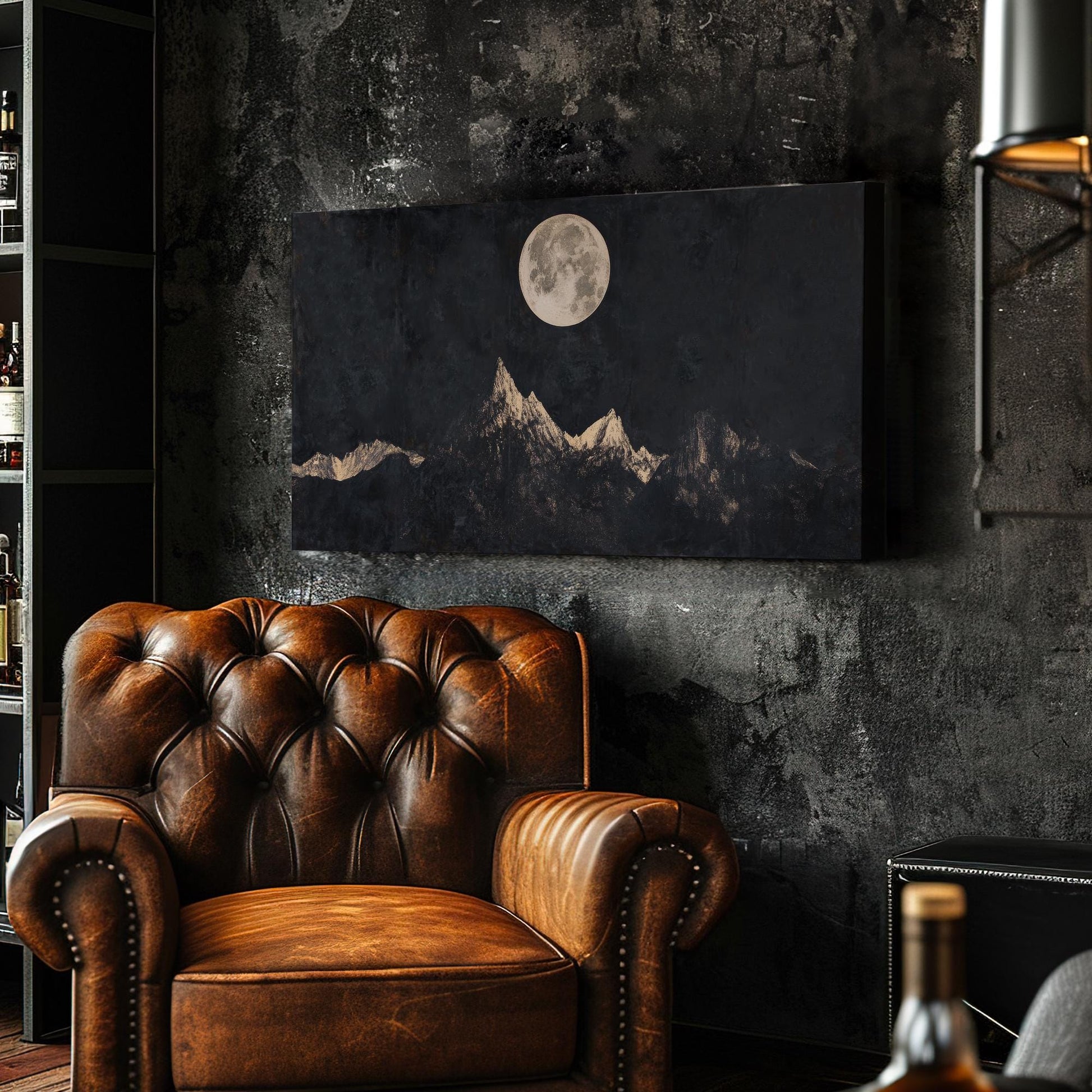 Serene Moonlit Peaks Canvas Art | Scratchboard Print | Bohemian Wall Art For Living Room | Charcoal Champagne Art | Zen Decor Horizontal Art
