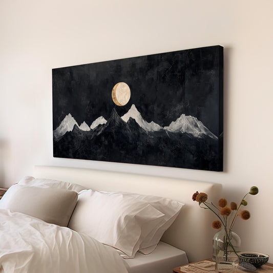 Serene Moonlit Peaks Canvas Art | Impasto Print | Minimalist Wall Art For Living Room | Charcoal And Oyster Art Horizontal Art