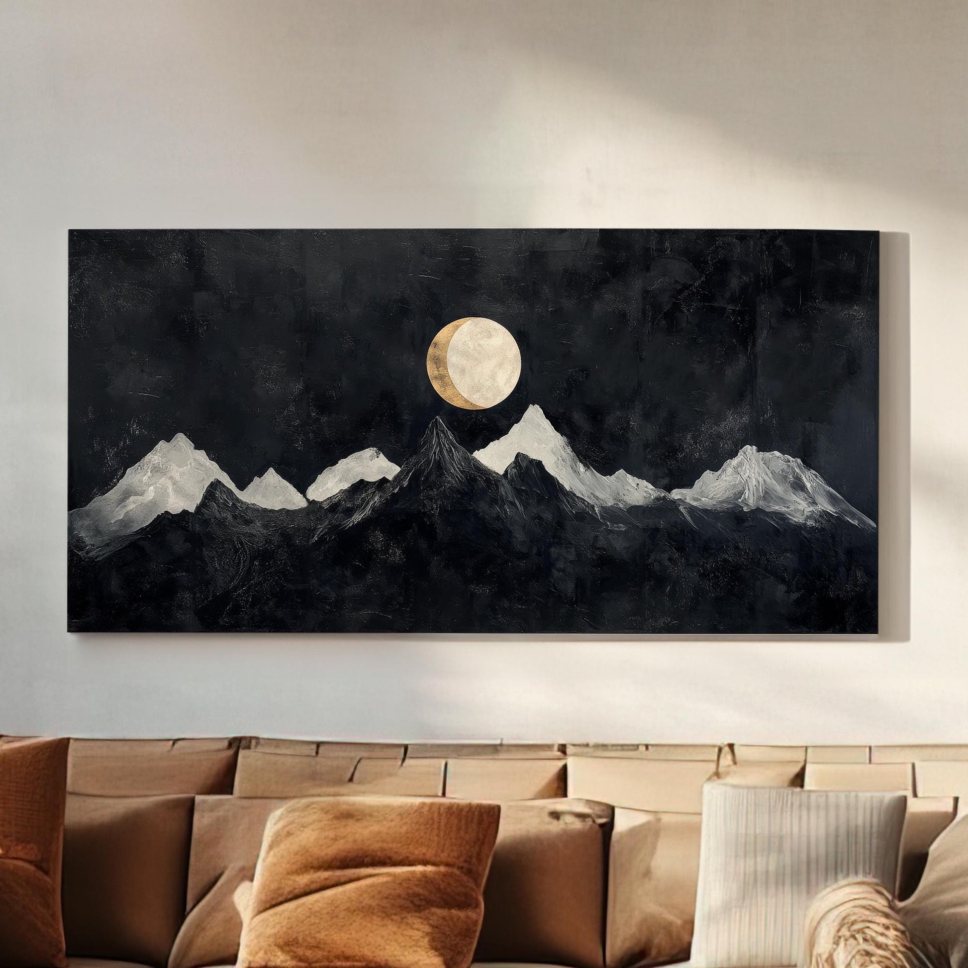 Serene Moonlit Peaks Canvas Art | Impasto Print | Minimalist Wall Art For Living Room | Charcoal And Oyster Art Horizontal Art