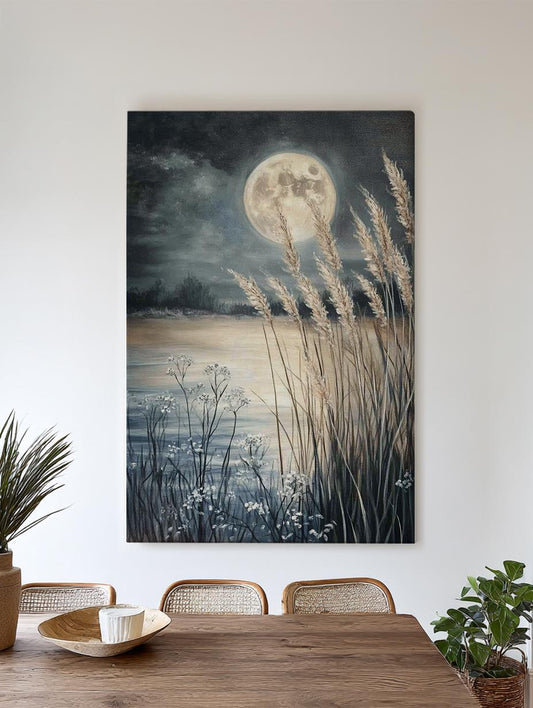 Serene Moonlit Pampas Grass Canvas Art | Impasto Textural Print | Tranquil Coastal Wall Art For Bedroom Vertical Canvas