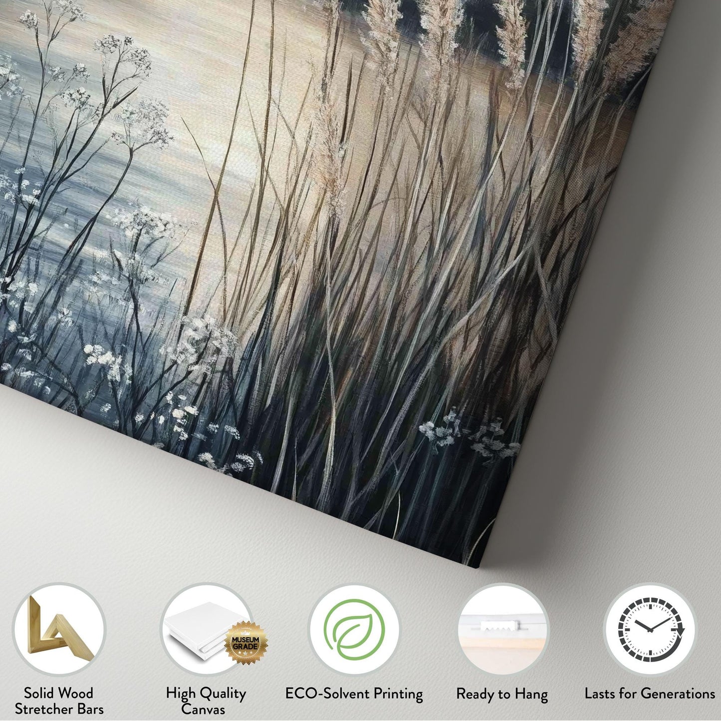 Serene Moonlit Pampas Grass Canvas Art | Impasto Textural Print | Tranquil Coastal Wall Art For Bedroom Vertical Canvas