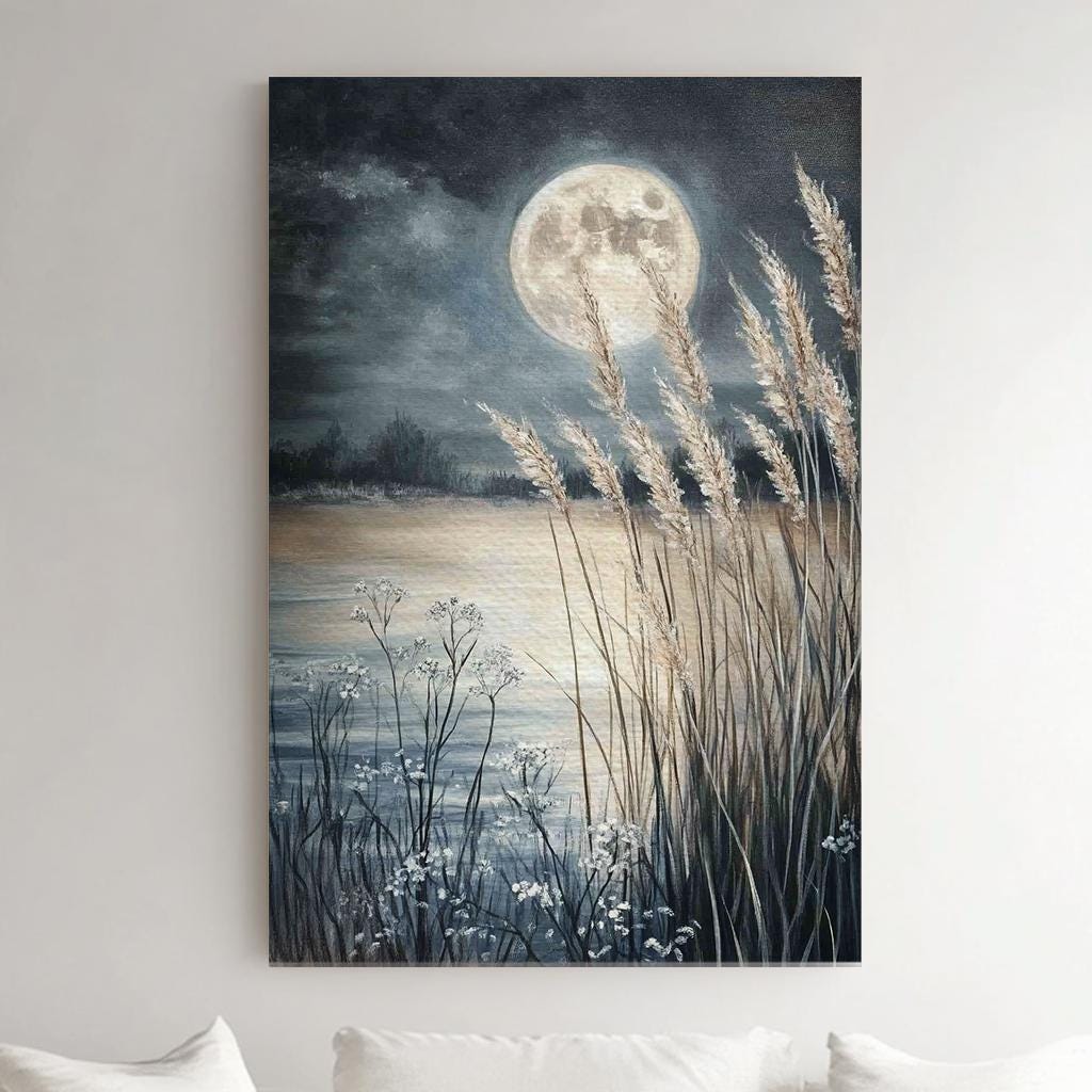 Serene Moonlit Pampas Grass Canvas Art | Impasto Textural Print | Tranquil Coastal Wall Art For Bedroom Vertical Canvas
