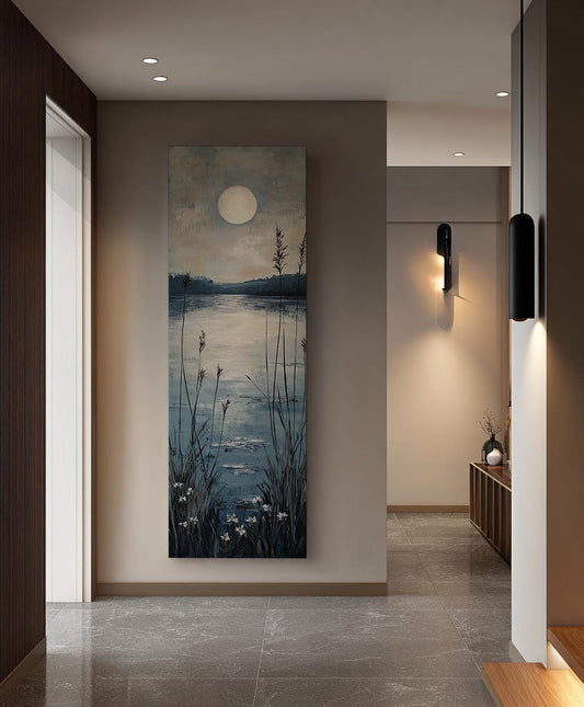 Serene Moonlit Marsh Canvas Art | Impasto Textural Print | Tranquil Coastal Wall Art For Bedroom | Silver Linen Washed Art Long Vertical Art
