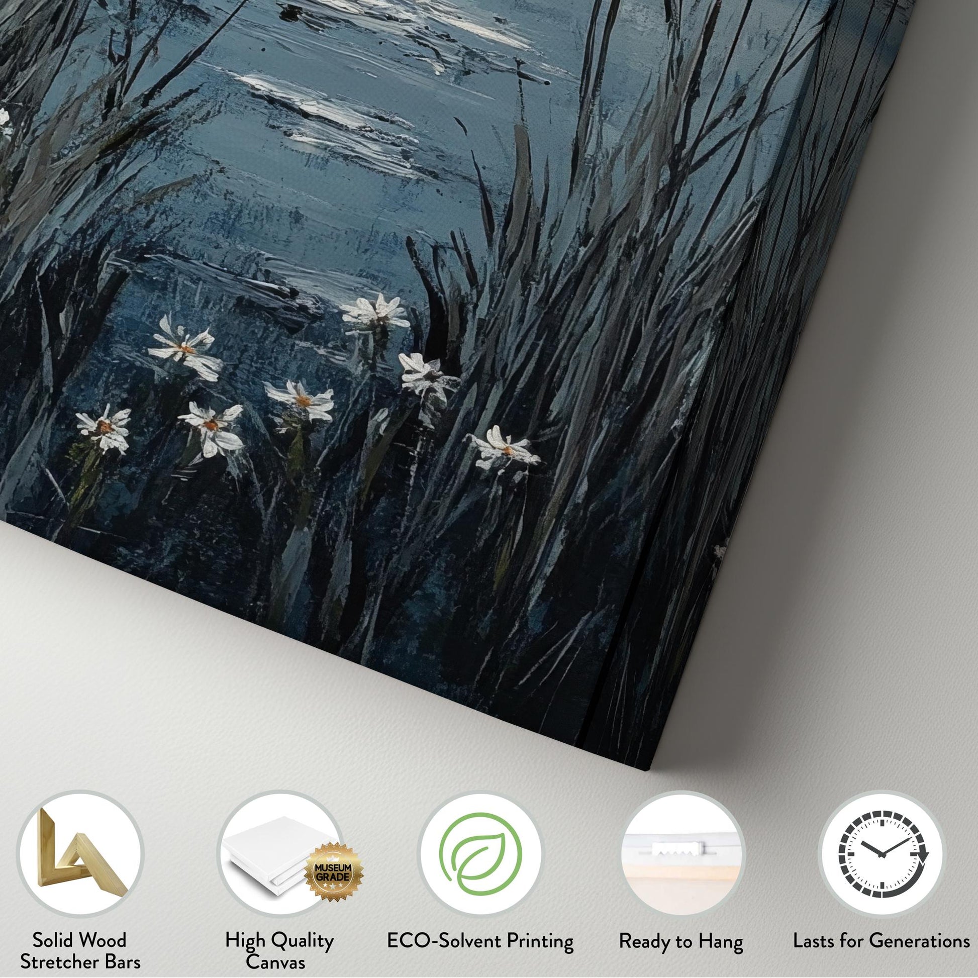 Serene Moonlit Marsh Canvas Art | Impasto Textural Print | Tranquil Coastal Wall Art For Bedroom | Silver Linen Washed Art Long Vertical Art