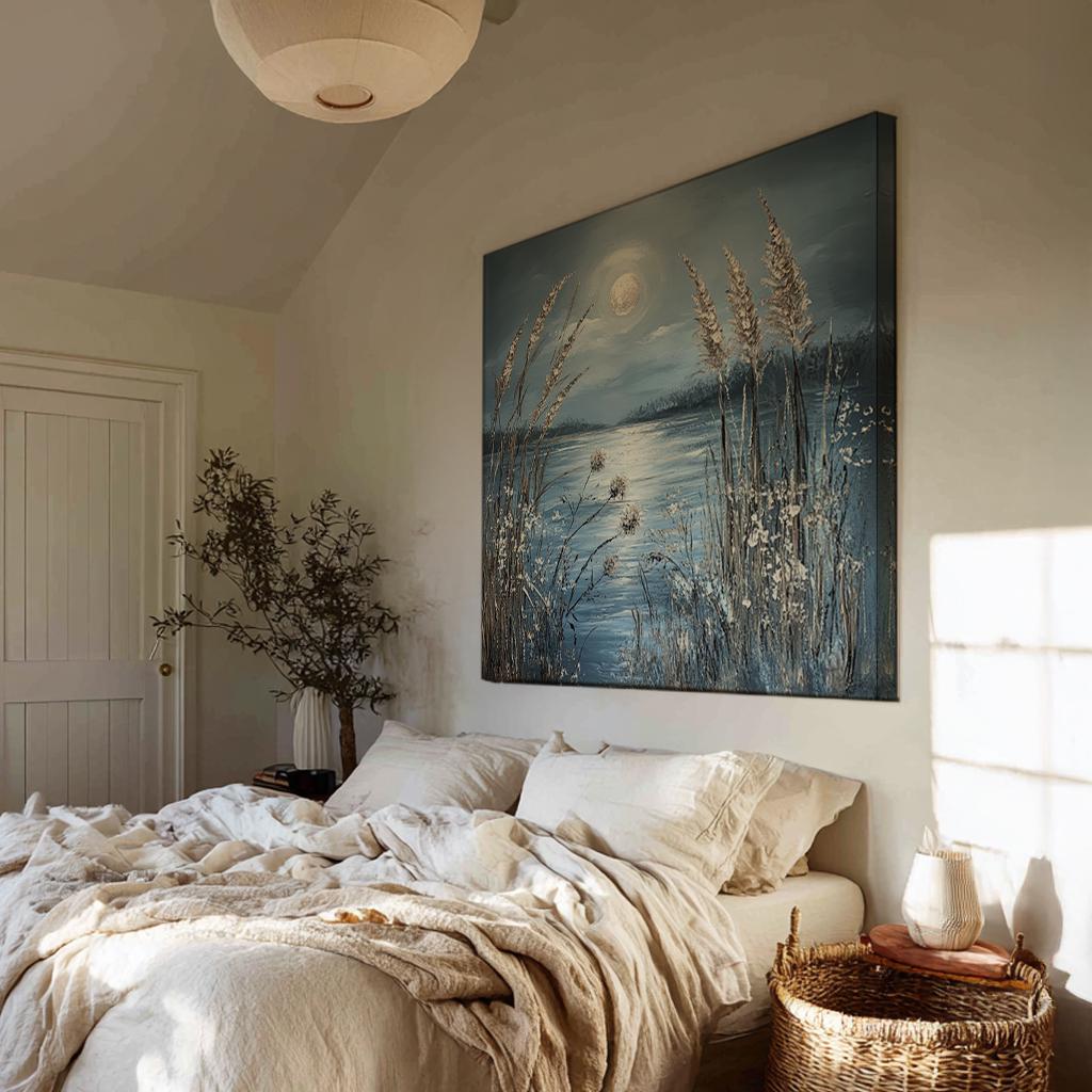 Serene Moonlit Lake Canvas Art | Impasto Textured Print | Tranquil Coastal Wall Art For Living Room Square Canvas Art