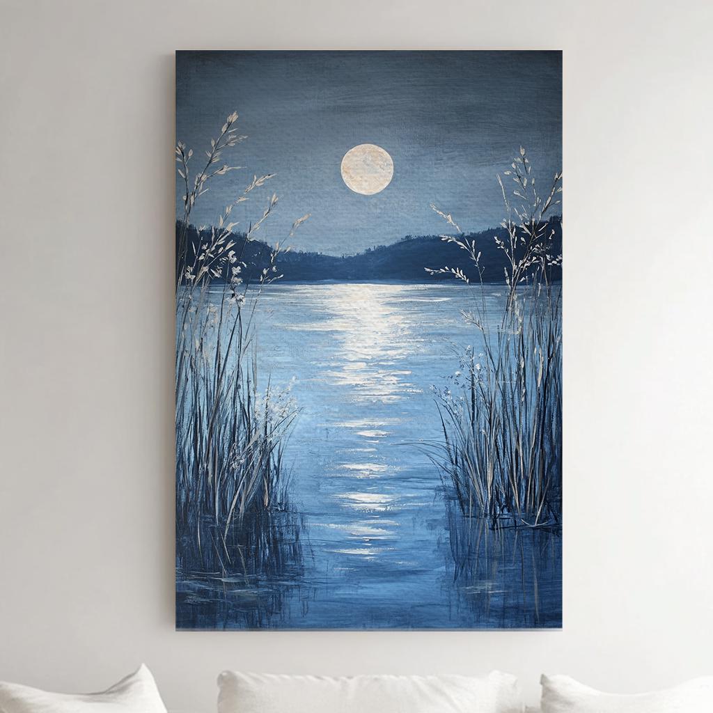 Serene Moonlit Lake Canvas Art | Impasto Textured Print | Tranquil Coastal Wall Art For Bedroom | Steel Blue Silver Art Vertical Canvas