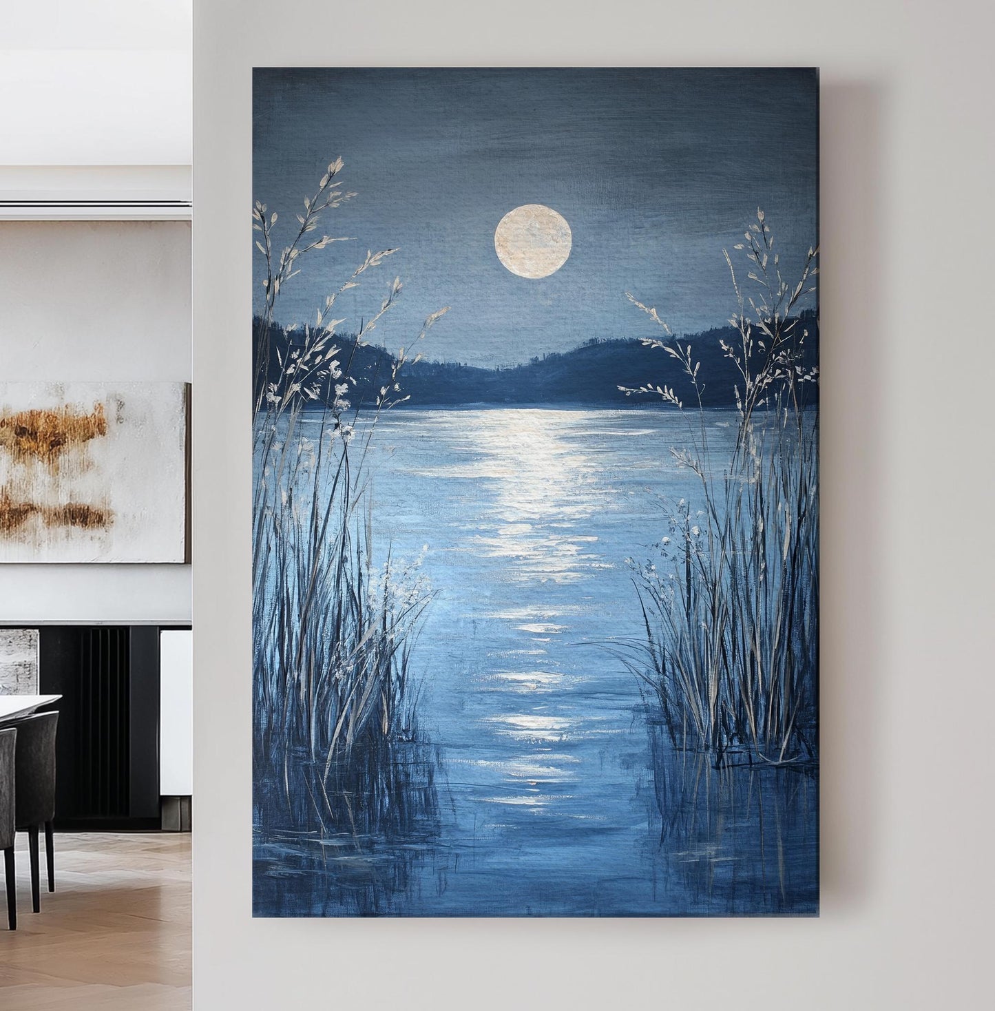 Serene Moonlit Lake Canvas Art | Impasto Textured Print | Tranquil Coastal Wall Art For Bedroom | Steel Blue Silver Art Vertical Canvas