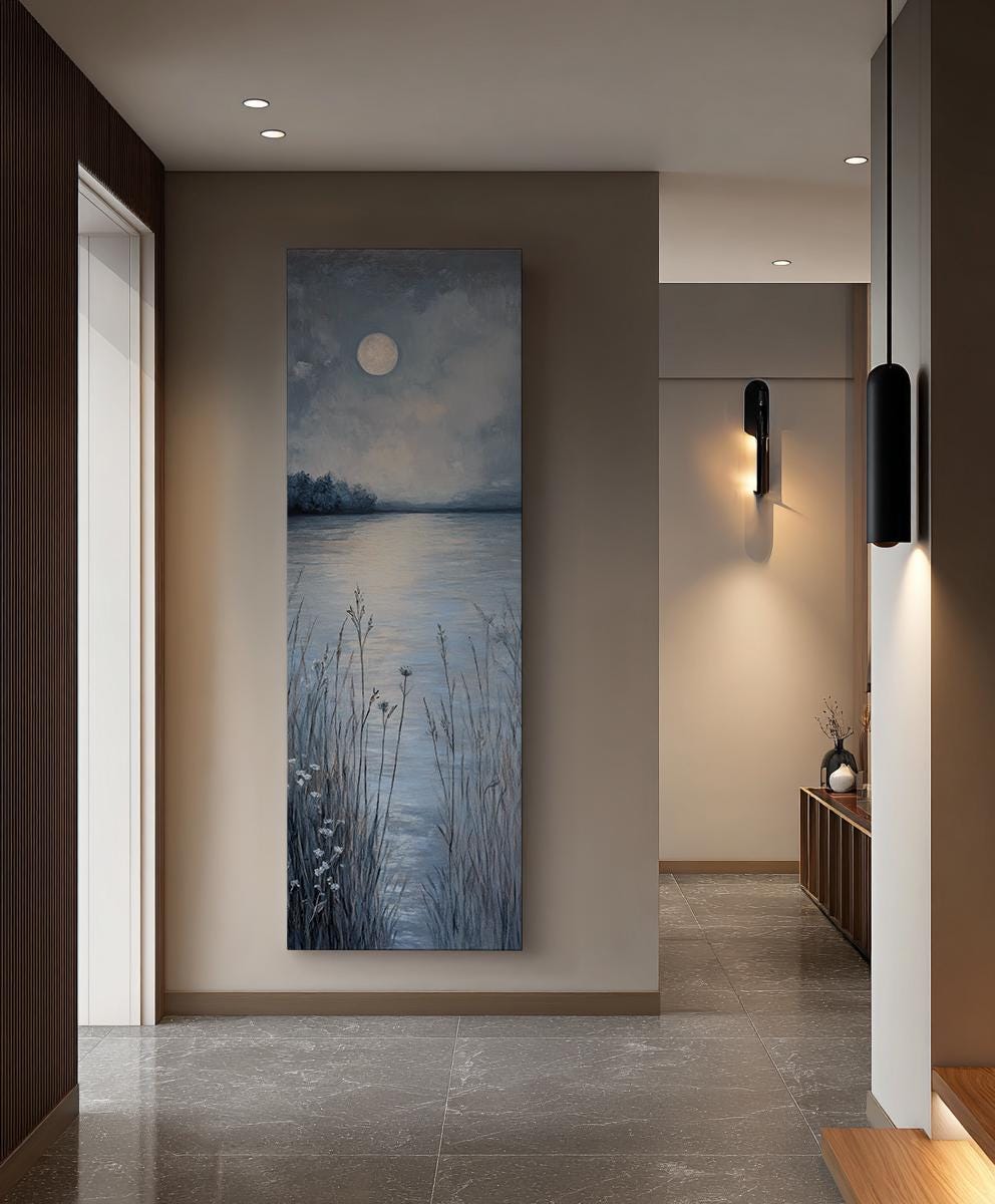 Serene Moonlit Lake Canvas Art | Impasto Textural Print | Tranquil Minimalist Wall Art For Bedroom Long Vertical Art