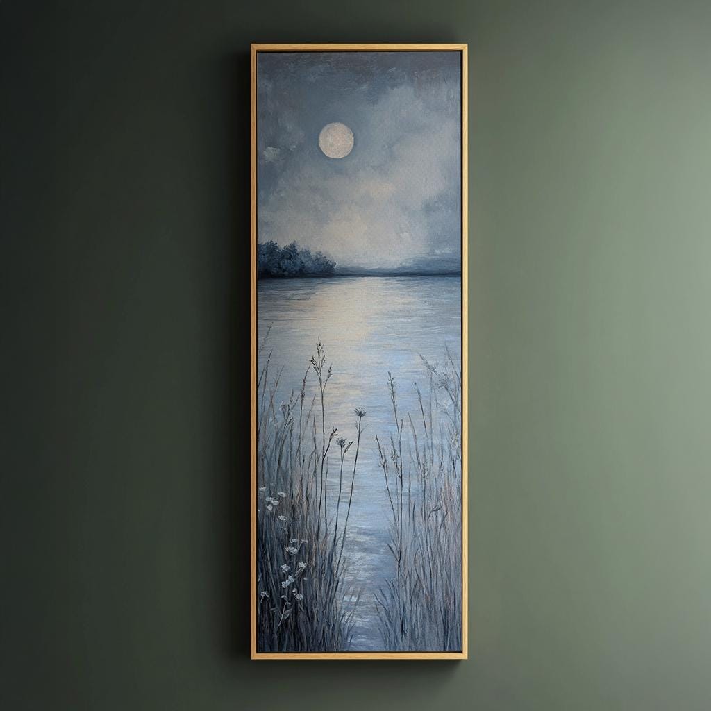 Serene Moonlit Lake Canvas Art | Impasto Textural Print | Tranquil Minimalist Wall Art For Bedroom Long Vertical Art