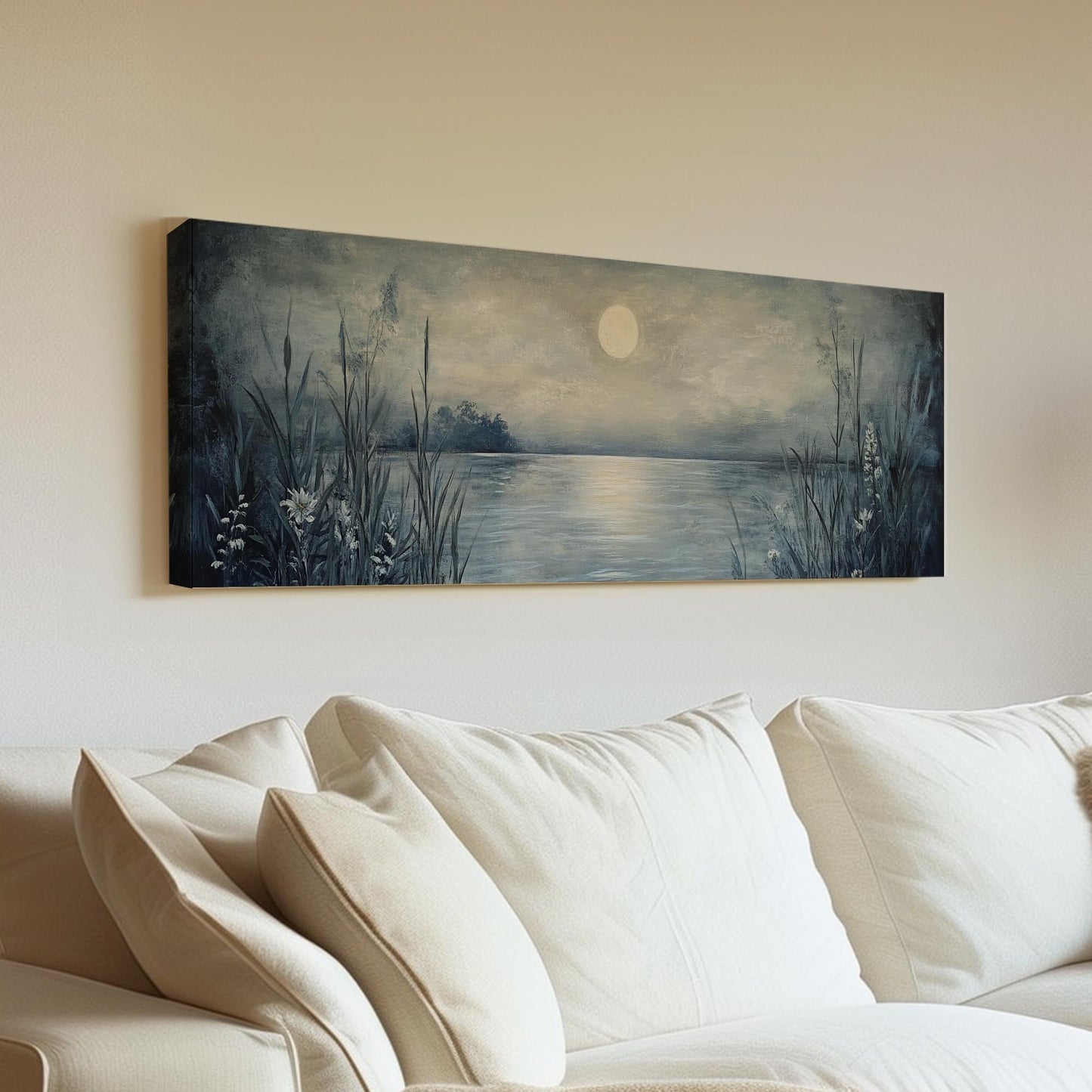 Serene Moonlit Lake Canvas Art | Impasto Textural Print | Tranquil Coastal Wall Art For Living Room Panoramic Wall Art
