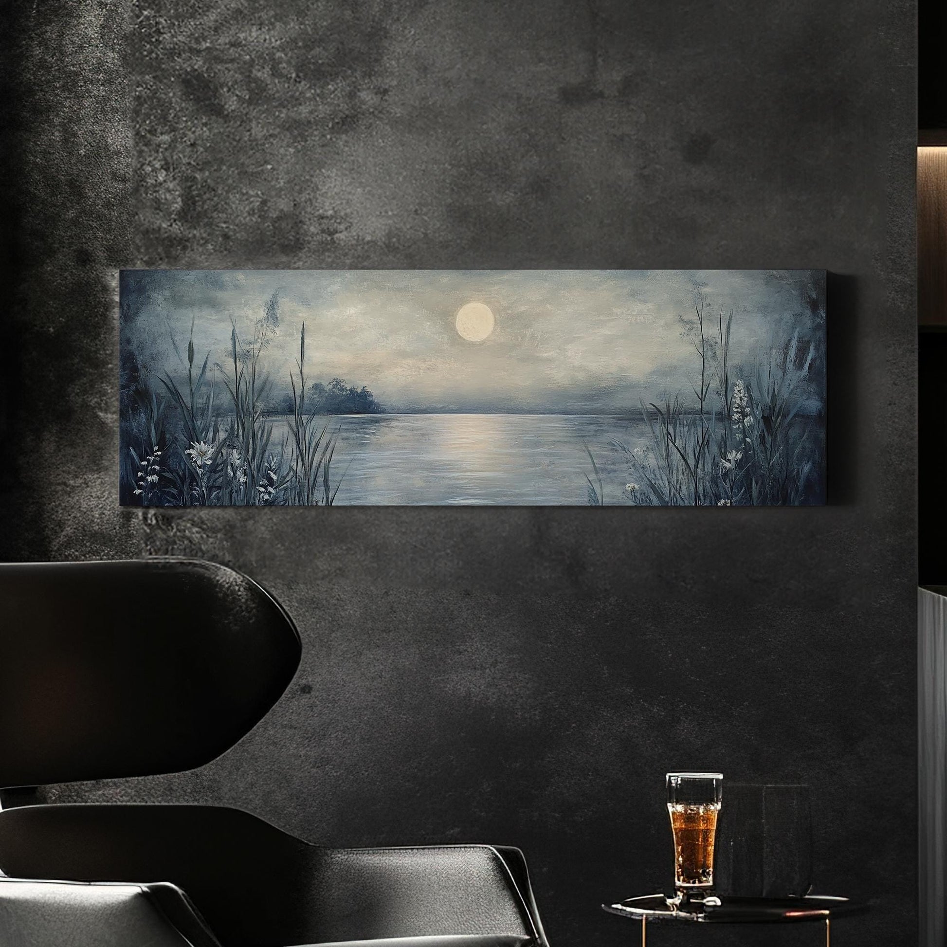Serene Moonlit Lake Canvas Art | Impasto Textural Print | Tranquil Coastal Wall Art For Living Room Panoramic Wall Art