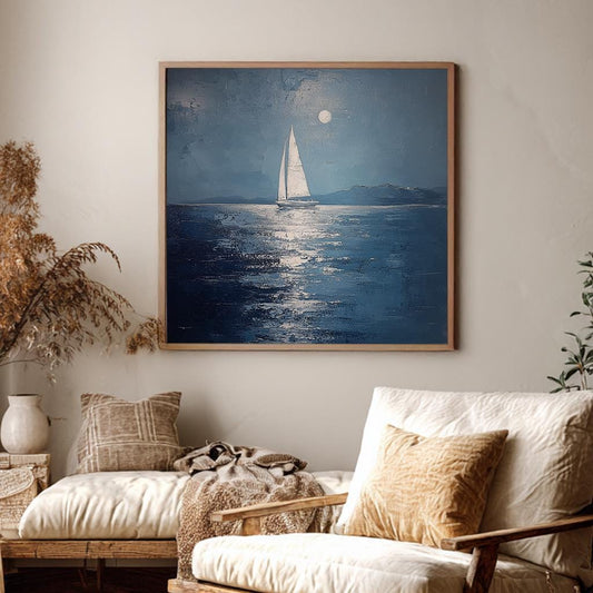 Serene Moonlight Sailboat Canvas Art | Impasto Print | Coastal Wall Art For Living Room | Steel Blue Art Square Canvas Art
