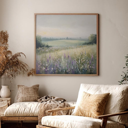 Serene Meadow Landscape Canvas Art | Impressionistic Impasto Print | Tranquil Farmhouse Wall Art For Living Room Square Canvas Art