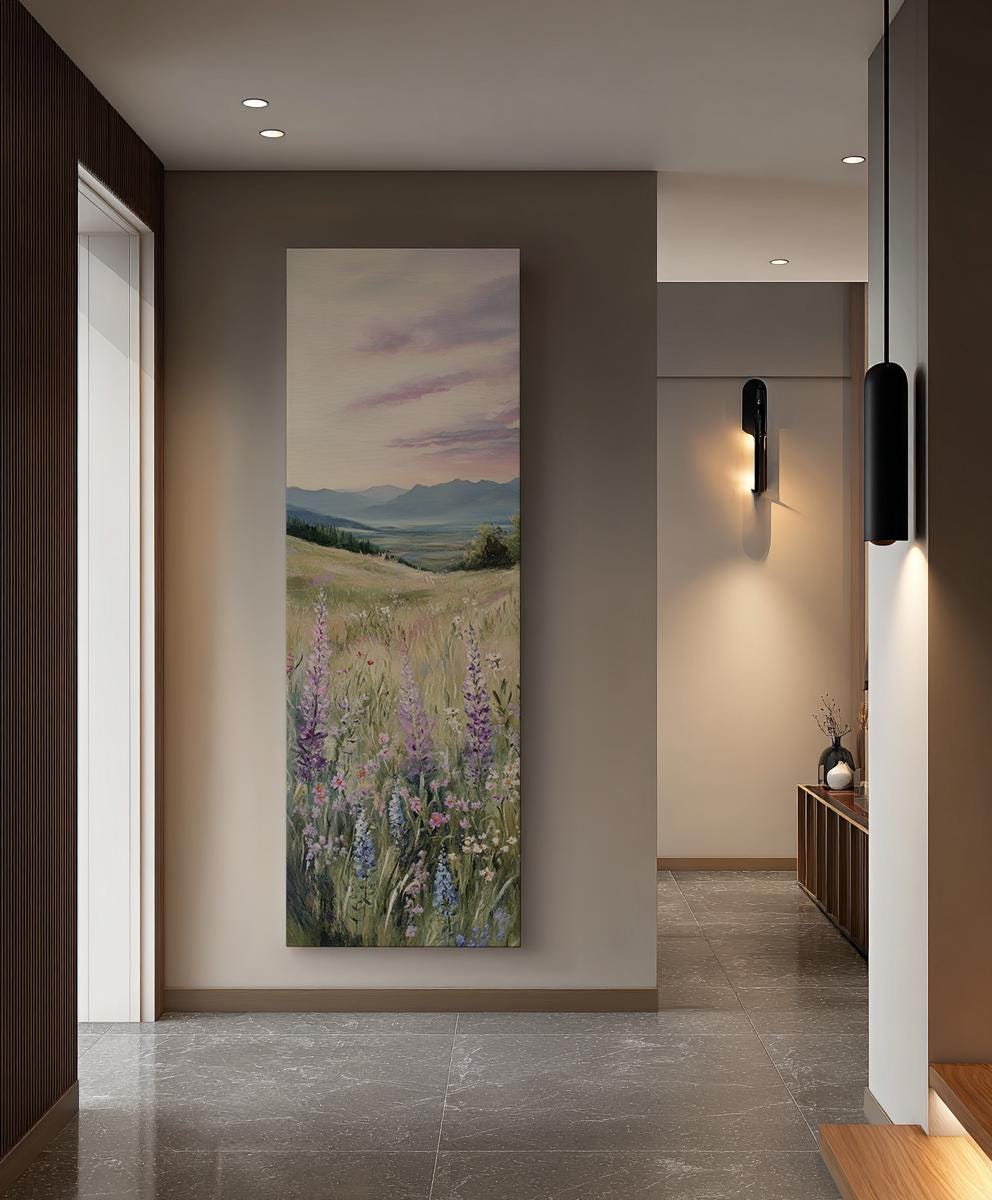 Serene Meadow Landscape Canvas Art | Impressionistic Impasto Print | Bohemian Wall Art For Living Room | Lavender Mist Art Long Vertical Art