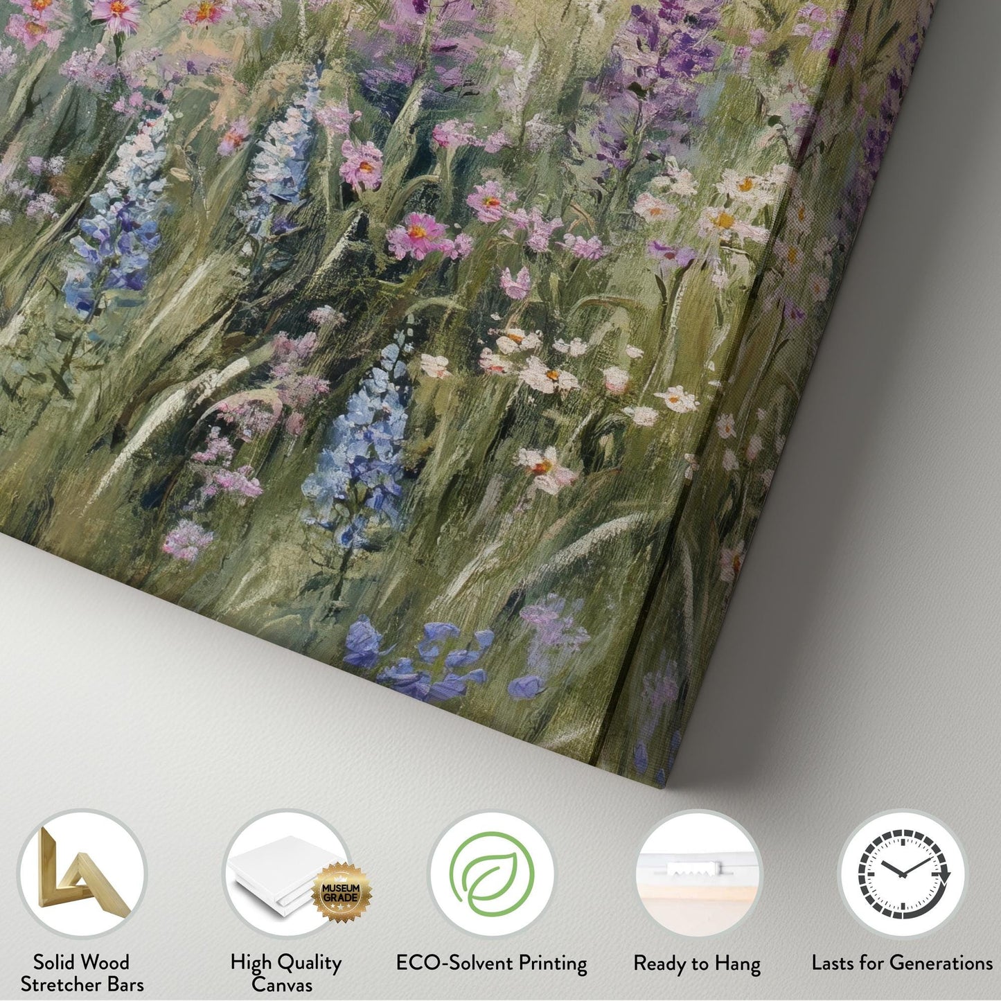 Serene Meadow Landscape Canvas Art | Impressionistic Impasto Print | Bohemian Wall Art For Living Room | Lavender Mist Art Long Vertical Art
