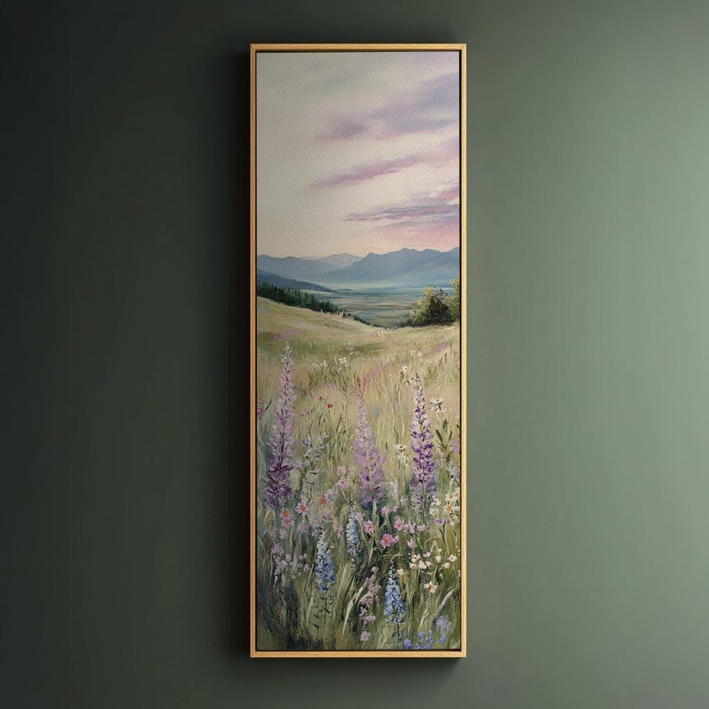 Serene Meadow Landscape Canvas Art | Impressionistic Impasto Print | Bohemian Wall Art For Living Room | Lavender Mist Art Long Vertical Art