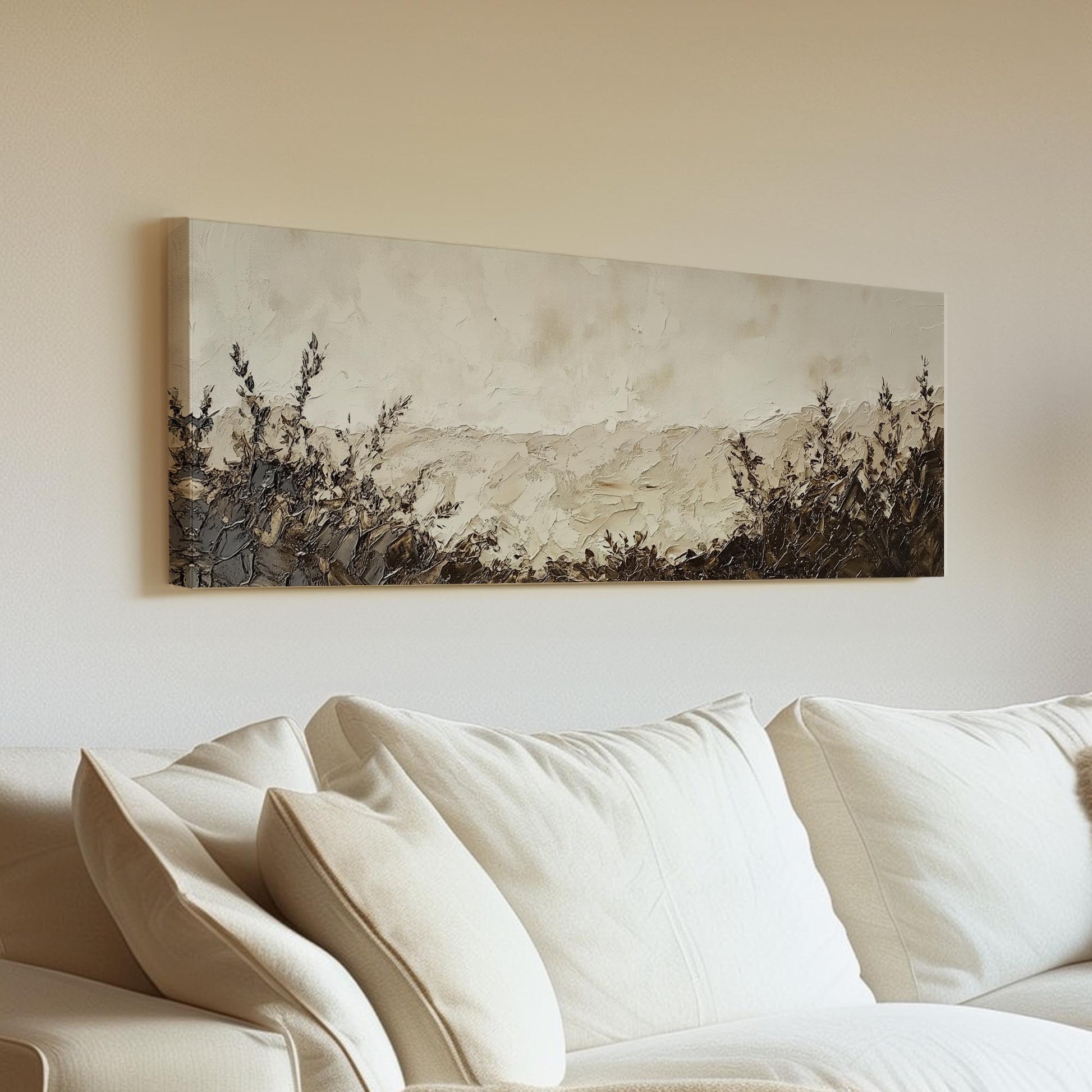 Serene Meadow Landscape Canvas Art | Impasto Palette Knife Print | Minimalist Wall Art For Living Room Panoramic Wall Art
