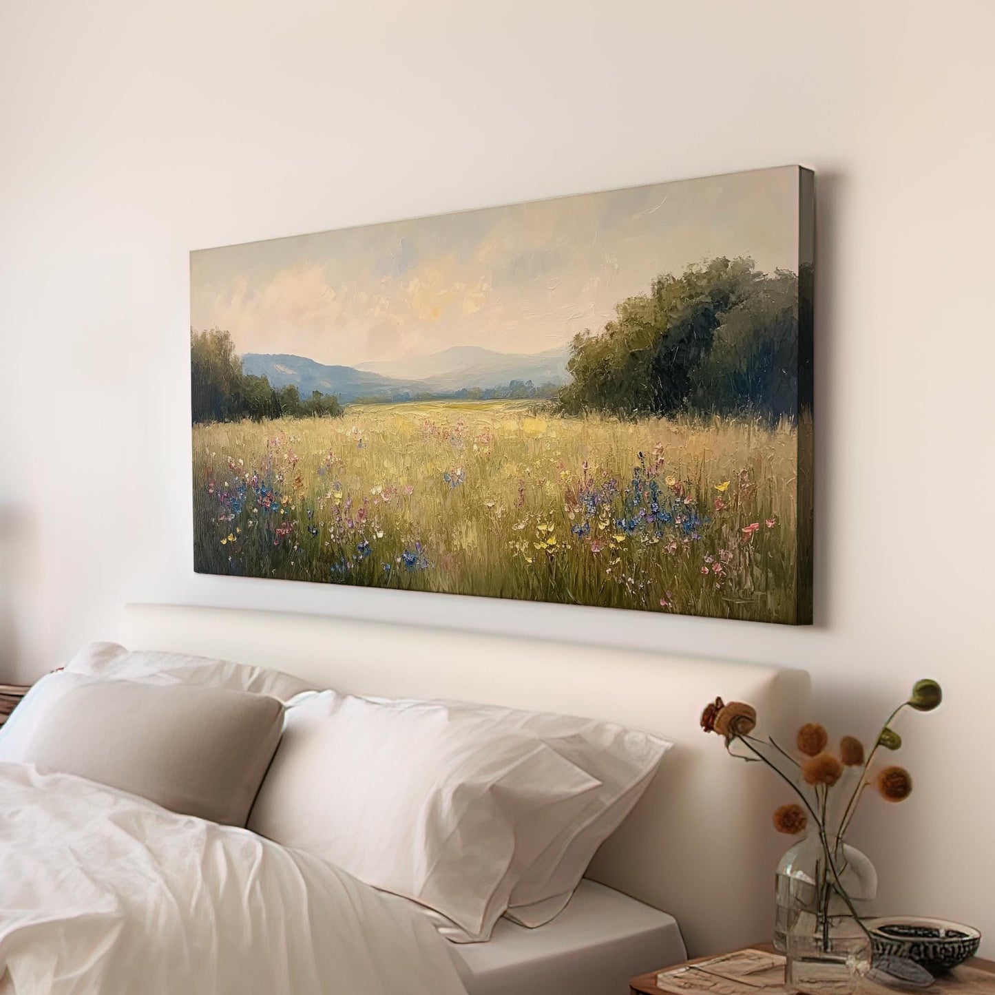 Serene Meadow Landscape Canvas Art | Impasto Impressionism Print | Tranquil Farmhouse Wall Art For Living Room Horizontal Art