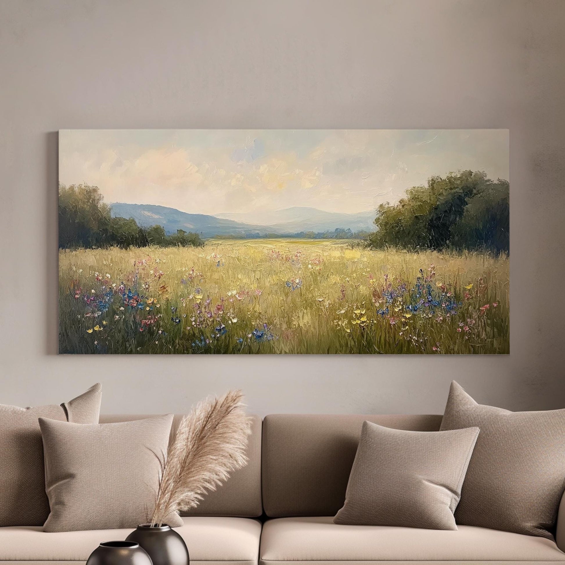 Serene Meadow Landscape Canvas Art | Impasto Impressionism Print | Tranquil Farmhouse Wall Art For Living Room Horizontal Art