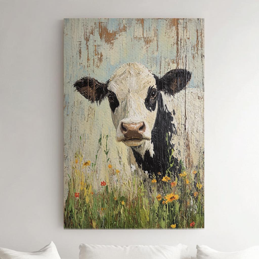 Serene Cow in Meadow Canvas Art | Impasto Palette Knife Print | Bohemian Farmhouse Wall Art For Living Room Vertical Canvas