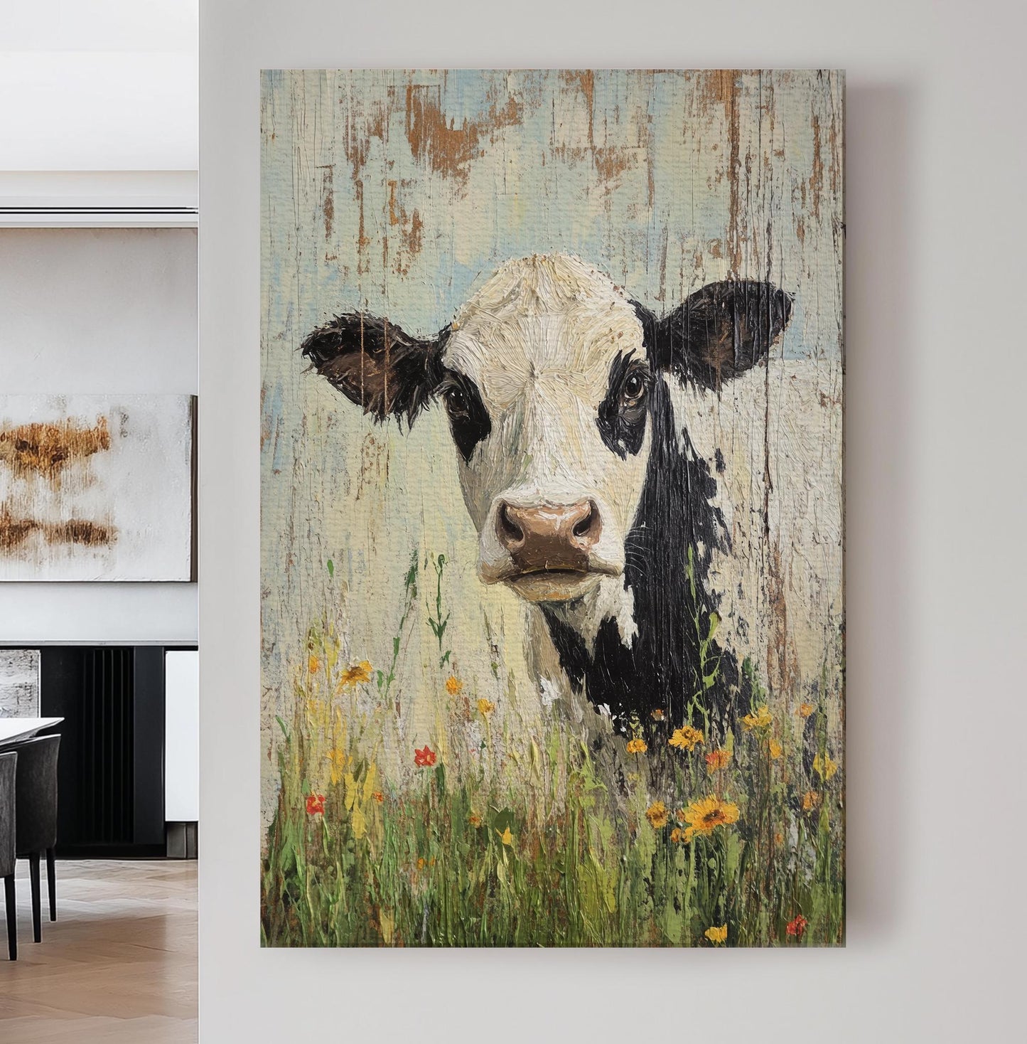 Serene Cow in Meadow Canvas Art | Impasto Palette Knife Print | Bohemian Farmhouse Wall Art For Living Room Vertical Canvas