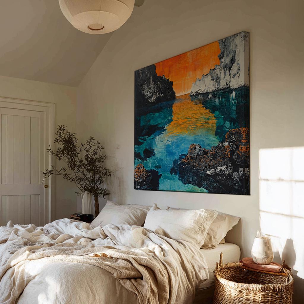 Serene Cove Canvas Art | Impasto Print | Coastal Minimalist Wall Art For Living Room | Tangerine Sunset Art Square Canvas Art