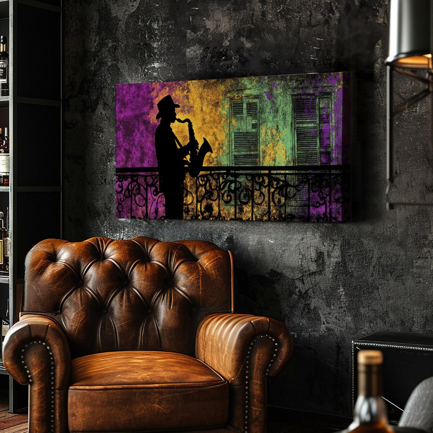 New Orleans Jazz Musician Canvas Art | Silhouette Print | Bohemian Wall Art For Living Room | Amethyst Mustard Art Horizontal Art