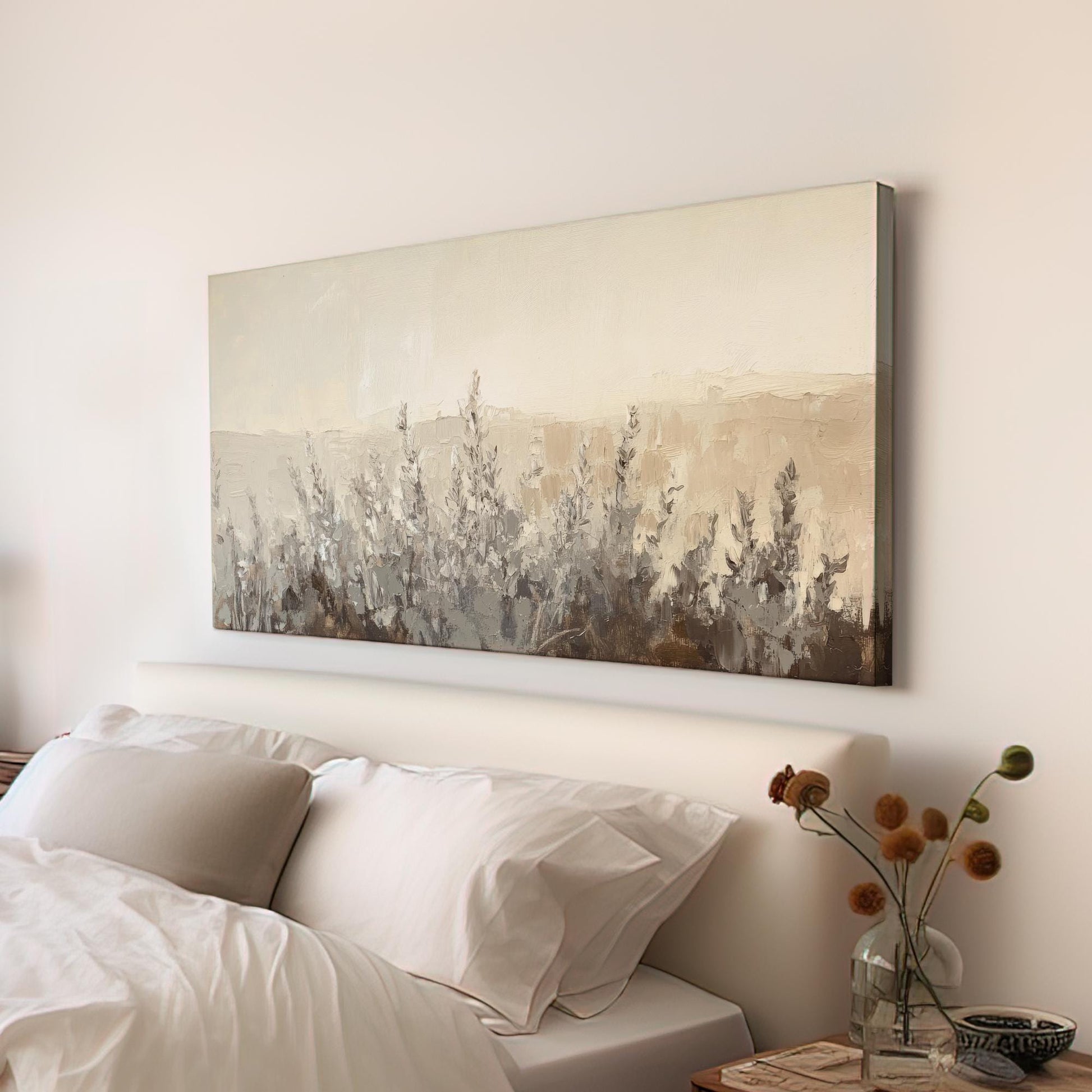 Neutral Botanicals Canvas Art | Impasto Print | Minimalist Wall Art For Living Room | Greige Oyster Art Horizontal Art
