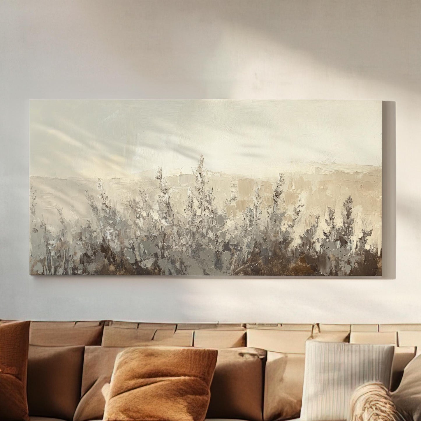 Neutral Botanicals Canvas Art | Impasto Print | Minimalist Wall Art For Living Room | Greige Oyster Art Horizontal Art