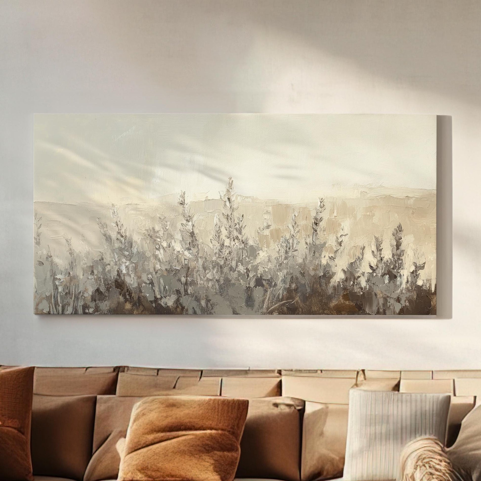 Neutral Botanicals Canvas Art | Impasto Print | Minimalist Wall Art For Living Room | Greige Oyster Art Horizontal Art