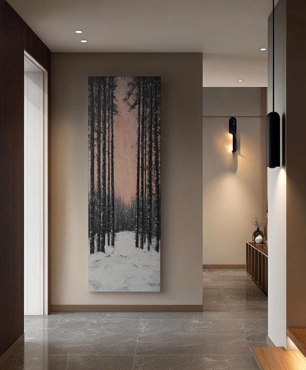 Winter Birch Forest Canvas Art | Impasto Print | Minimalist Wall Art For Living Room | Blush Pink Charcoal Art Long Vertical Art